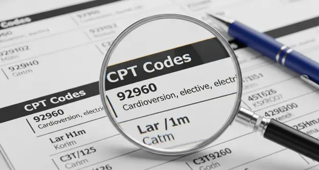CPT code for cardioversion billing chart showing 92960 external and 92961 internal cardioversion coding guide