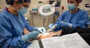 Medical professional performing wound debridement with correct CPT coding documentation